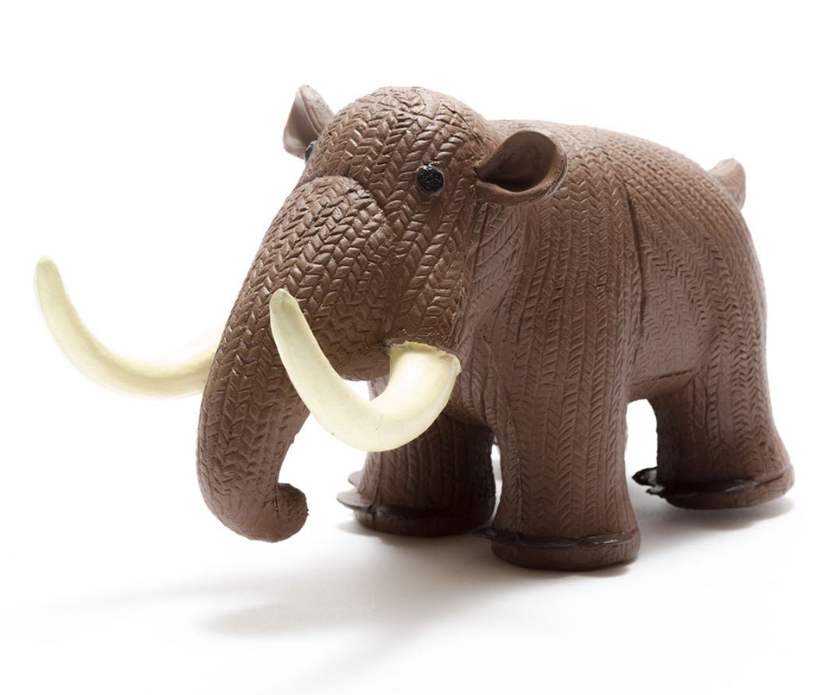 Brown natural rubber mammoth baby dinosaur toy with long white tusks and textured body